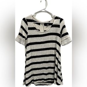 Motherhood maternity black and white striped knit top with lace sleeved details